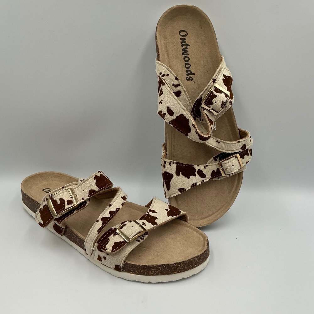 Outwoods Cow Print Sandals Slides Adjustable Buckle Straps Trendy Casual Shoes